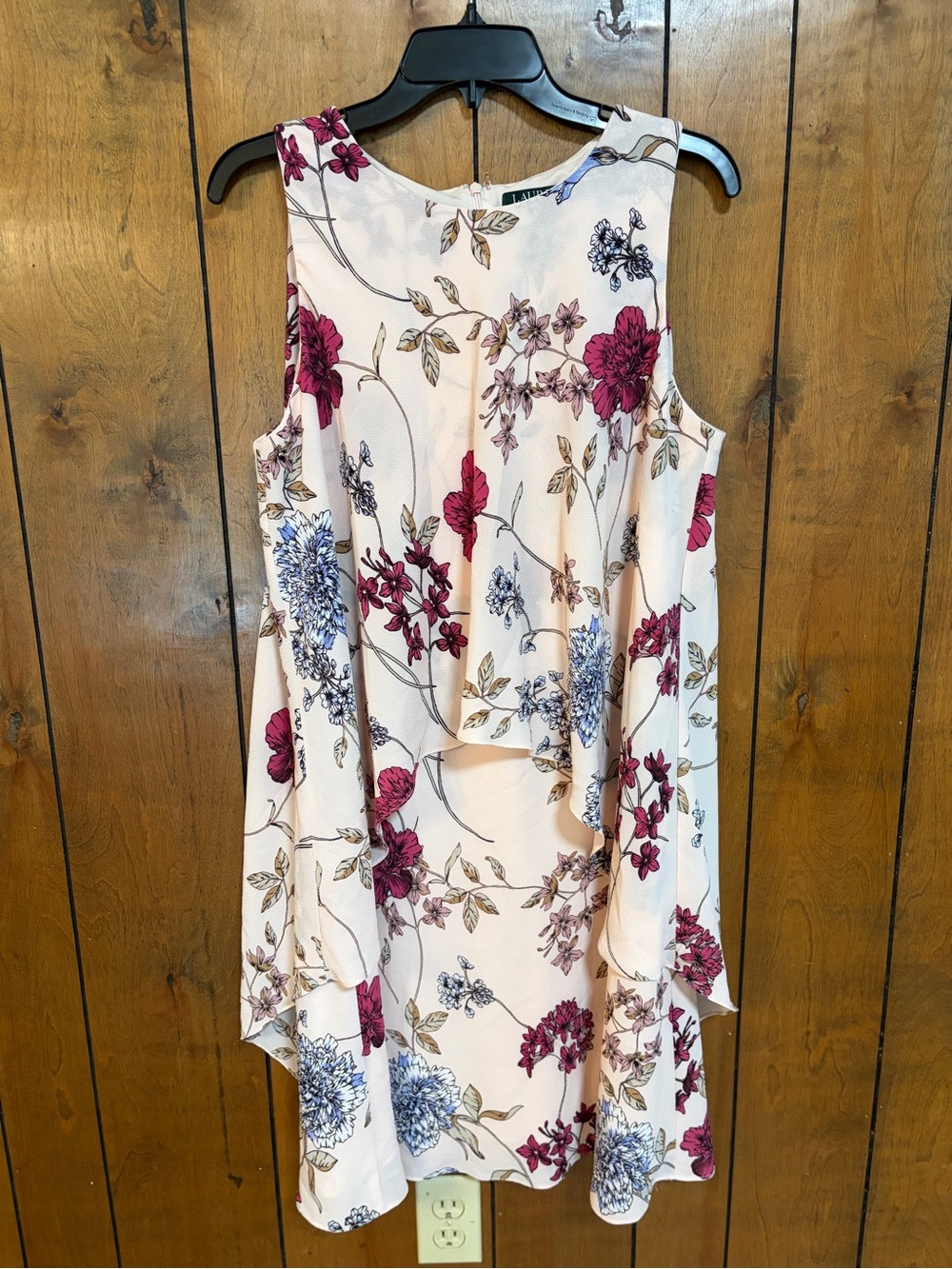 Ralph Lauren Cream Floral Ruffle Midi Dress with Pink and Blue Blooms